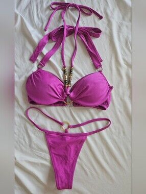 Rare D.i.a Gyaru Magenta Halter Bikini Top Thong Set Gold Bead Accents